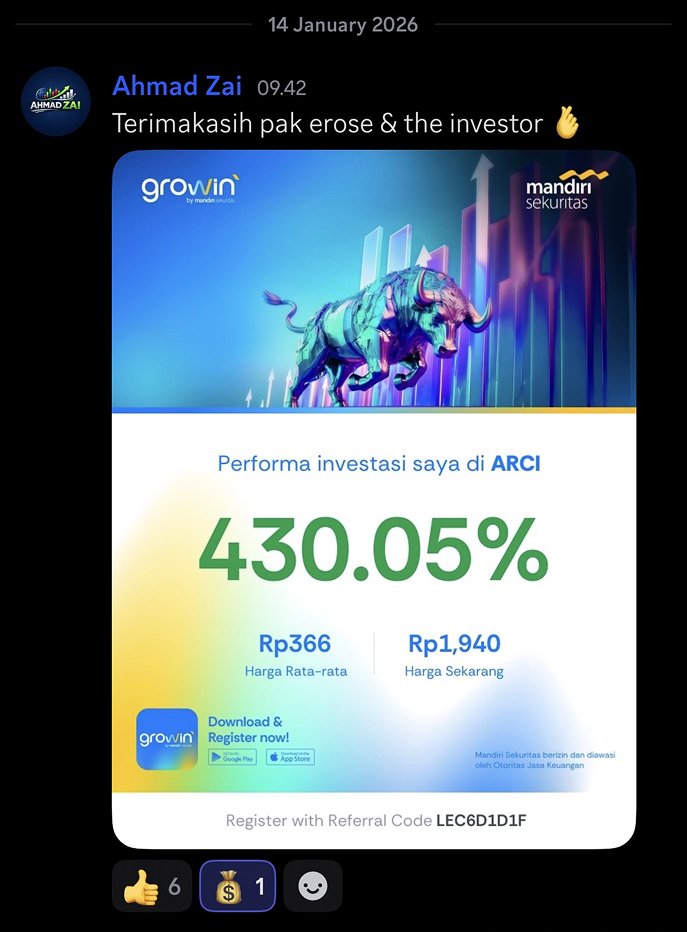Screenshot member mendapat return ARCI 430 persen
