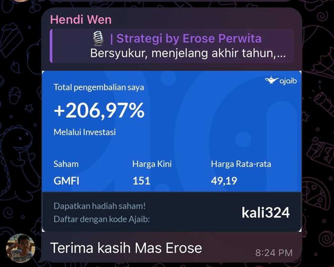 Screenshot member mendapat return GMFI 206 persen