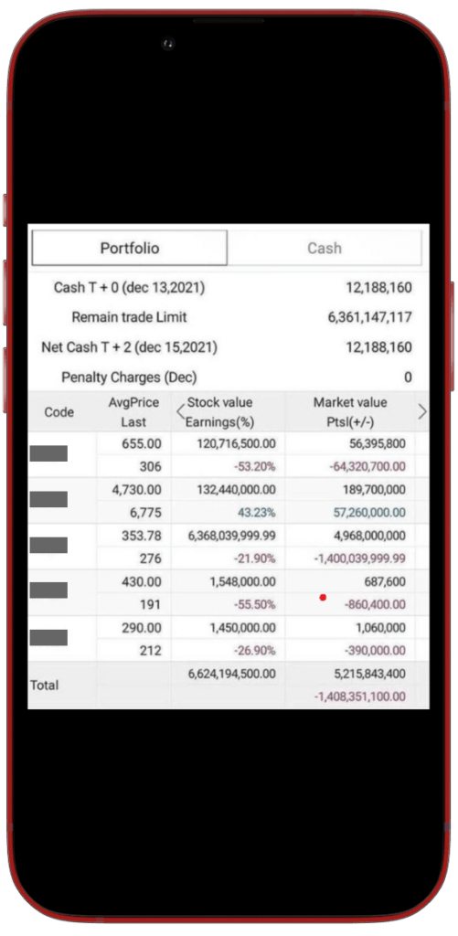 Screenshot portofolio member dengan nilai market turun besar