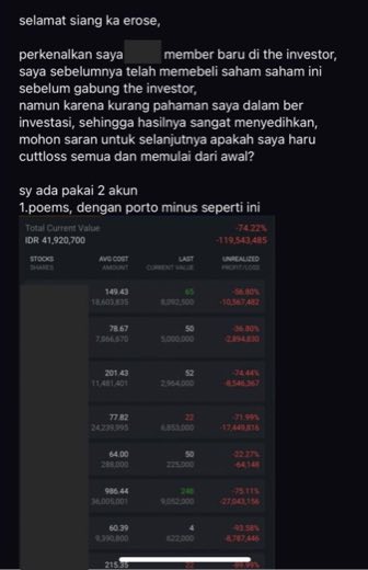 Screenshot konsultasi member dengan portofolio saham yang sedang minus