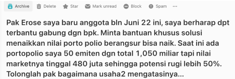 Pesan konsultasi member dengan portofolio miliaran yang turun lebih dari 50 persen