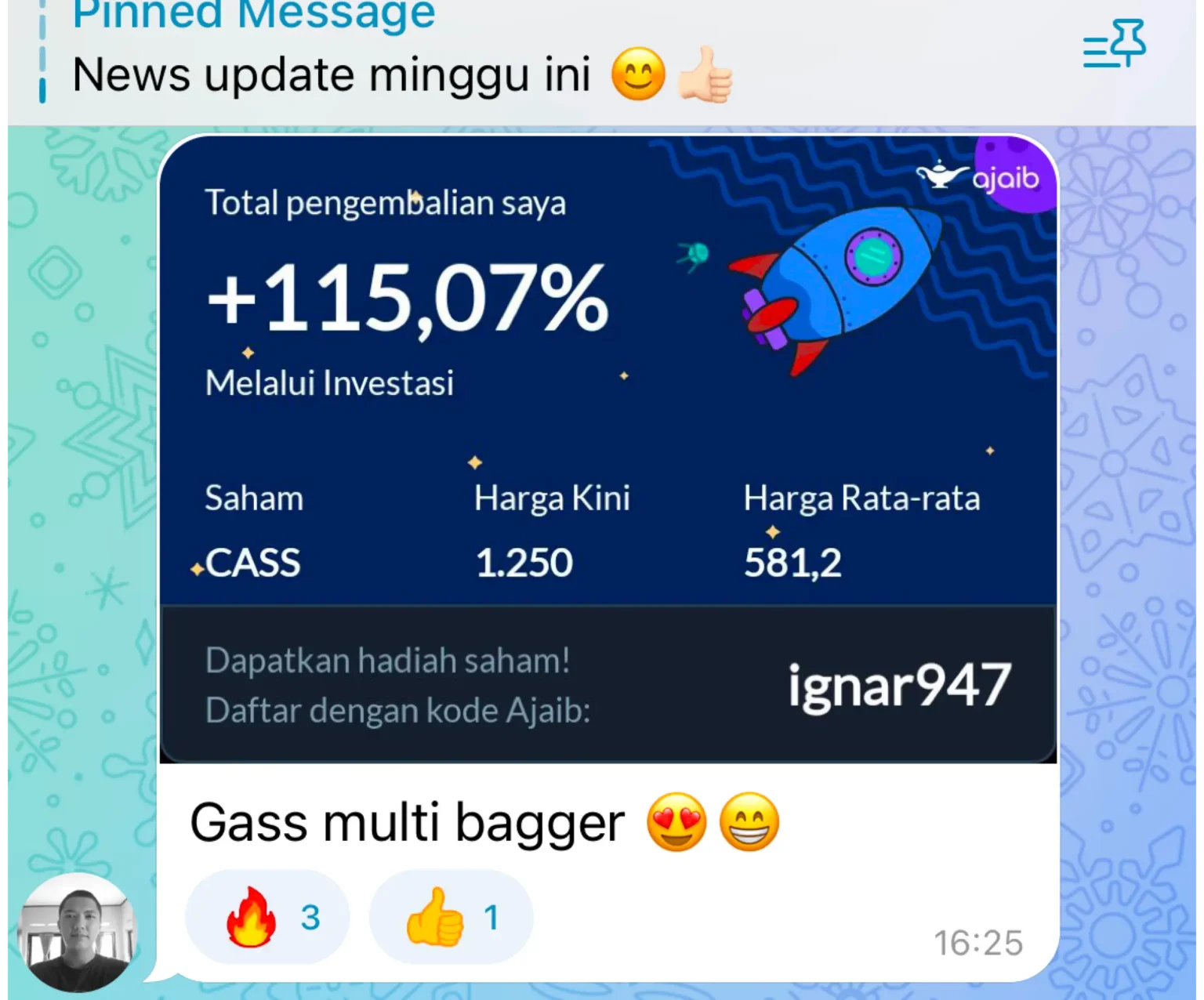 Screenshot testimoni member lama dari carousel thank-you